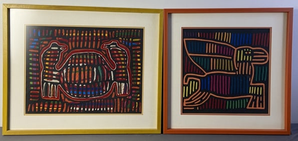Two Animal Mola Kuna Fabric Art Pieces Two framed Mexican Mola Kuna animals, one Pegasus and one