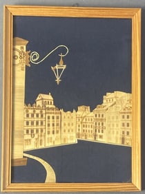 Polish Marquetry Artwork 1960's Layered straw artwork of Old Town, Warsaw Poland. Note on back