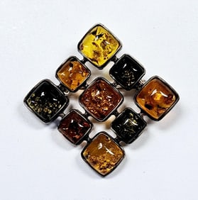 Sterling Silver Multi Colored Amber Brooch Brooch weighs 9.1 Grams