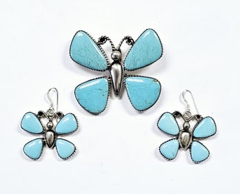 Sterling Turquoise Butterfly Brooch & Earrings Set weighs 31.0 Grams total