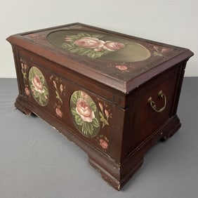 Pink Rose Toile Wooden Storage Box Box painted with pink roses and hinged lid. Some small scrapes