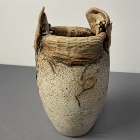 Abstract Pottery Vase Signed Prekowitz Unglazed pottery vase with attached beads, resembling cloth.