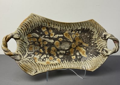 Pigeon River Pottery Decorative Tray Non glazed abstract design tray with twisted handles. Signed