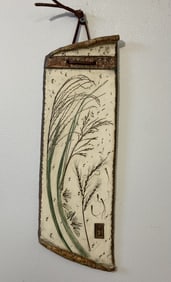 Wild Grass Pottery Plaque Signed Natural abstract shaped pottery plaque with pressings of a variety