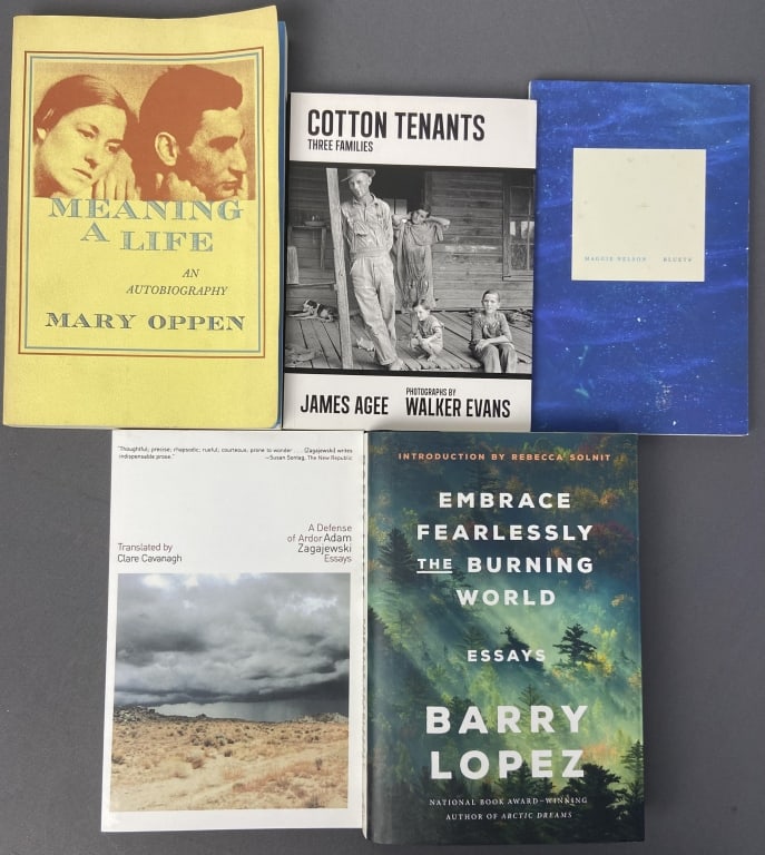 Essay & Biography Books Set of Five Meaning a Life an Autobiography by Mary Oppen. Published by: Meaning a Life an Autobiography by Mary Oppen. Published by Black Sparrow Press, 1990. Cotton Tenants Three Families by James Agee with photographs by Walker Evans. Published by Melville House, 2013.
