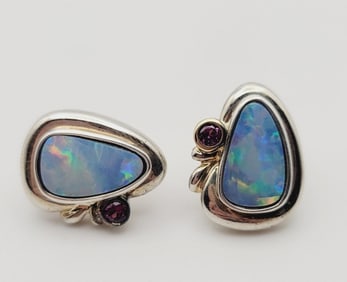 14K White Gold Plated Sterling Opal Earrings Earrings Weigh 6.6 Grams