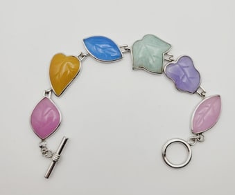 Sterling Silver Multi Color Carved Jade Bracelet Bracelet Measures 7.5" Bracelet Weighs 28.9 Grams