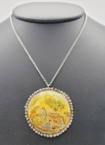 Antique Hand Painted Mother of Pearl Necklace Necklace Measures 25.5": Necklace Measures 25.5" Necklace Weighs 13.1 Grams Hand Painted Persian Style Pastoral Pendant Pendant is Sterling Silver, Chain is Not Metal Not Stamped