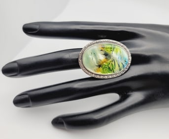 Amy Kahn Sterling Painted Mother of Pearl Ring Ring Weighs 11.8 Grams
