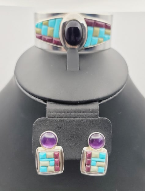 Jay King Sterling Silver Turquoise Amethyst Set Bracelet Measures 5.5" (1 of 9)