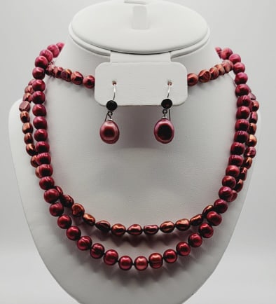 Honora Sterling Silver Cherry Red Pearl Set Real Pearl Necklace Measures 53.5" (1 of 10)