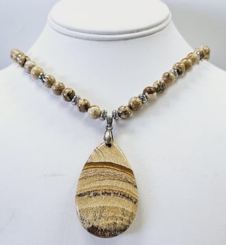 Silver Tone Picture Jasper Teardrop Necklace Necklace measures 24": Necklace measures 24"
