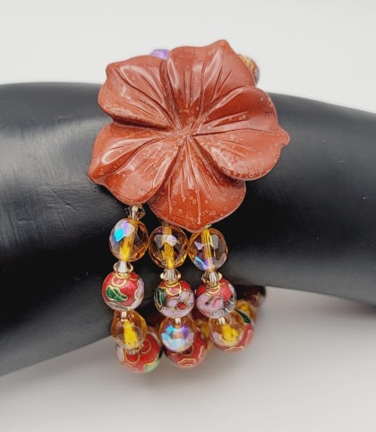 Red Jasper and Cloisonne Floral Bracelet Bracelet Measures 7": Bracelet Measures 7"