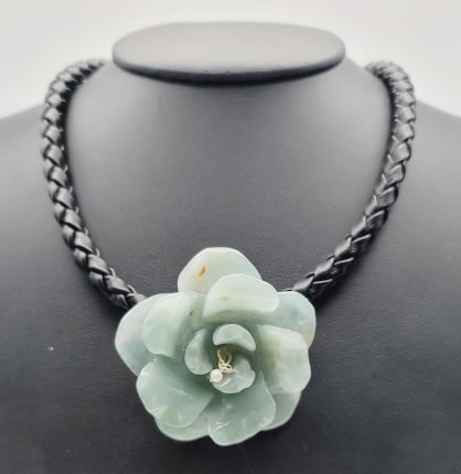 Sterling Silver Carved Jadeite Flower Necklace Necklace Measures 18.5": Necklace Measures 18.5" Necklace Measures 43.6 Grams Pearls in the Center of Necklace are Loose