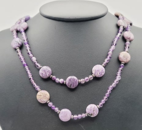 Sterling Amethyst and Lepidoite Necklace Necklace Measures 36.5" Necklace Weighs 47.9 Grams: Necklace Measures 36.5" Necklace Weighs 47.9 Grams