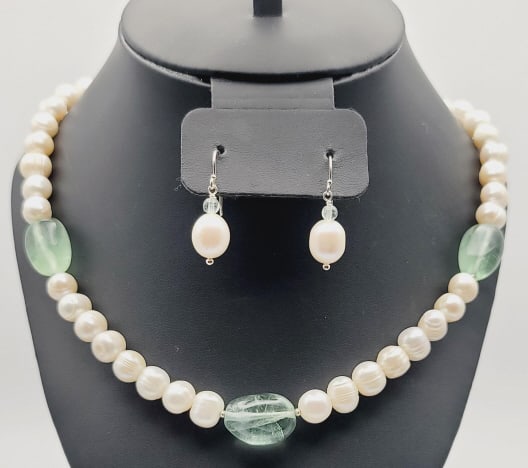Sterling Pearl and Topaz Necklace & Earrings Necklace Measures 18.5": Necklace Measures 18.5" Necklace Weighs 64.5 Grams Earrings Weigh 4 Grams