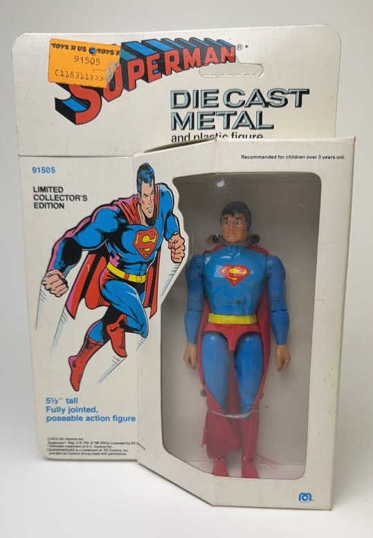 1979 Mego Die Cast Metal Superman In Box Unpunched: Unpunched Card Packaging may have been opened and toy repackaged in box.
