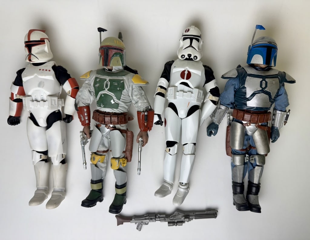 Star Wars 12 inch Hasbro Lot Jango Fett Clones 2 Jango Fett figures. One has been painted to: 2 Jango Fett figures. One has been painted to approximate the look of Boba Fett. Clones have play wear and markings and missing shoulder pieces.