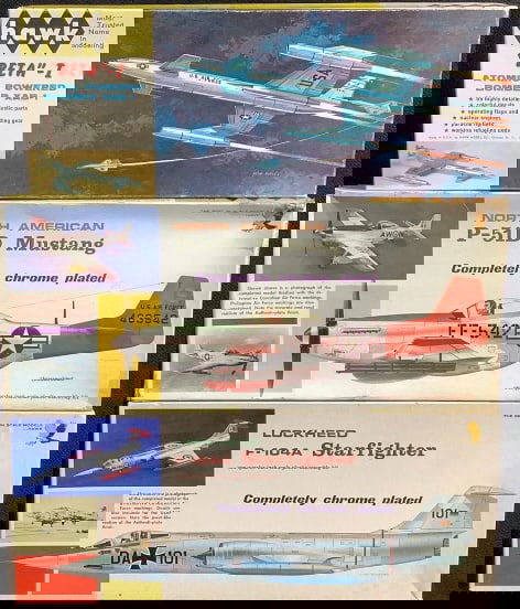 Hawk Beta l Atomic Powered Bomber #514-100 P-51D Mustang #208 & F-104A StarFighter 203-200 1/4": Mustang #208 & F-104A StarFighter 203-200 1/4" scale models. Not inspected Bomber XAB-1 is partially assembled. Please see images for details regarding condition.