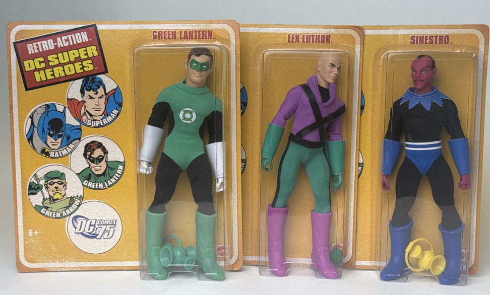 Mego Retro-Action Figure Lot Green Lantern Lex Luthor Sinestro Unopened. Some shelf wear on cards (1 of 9)