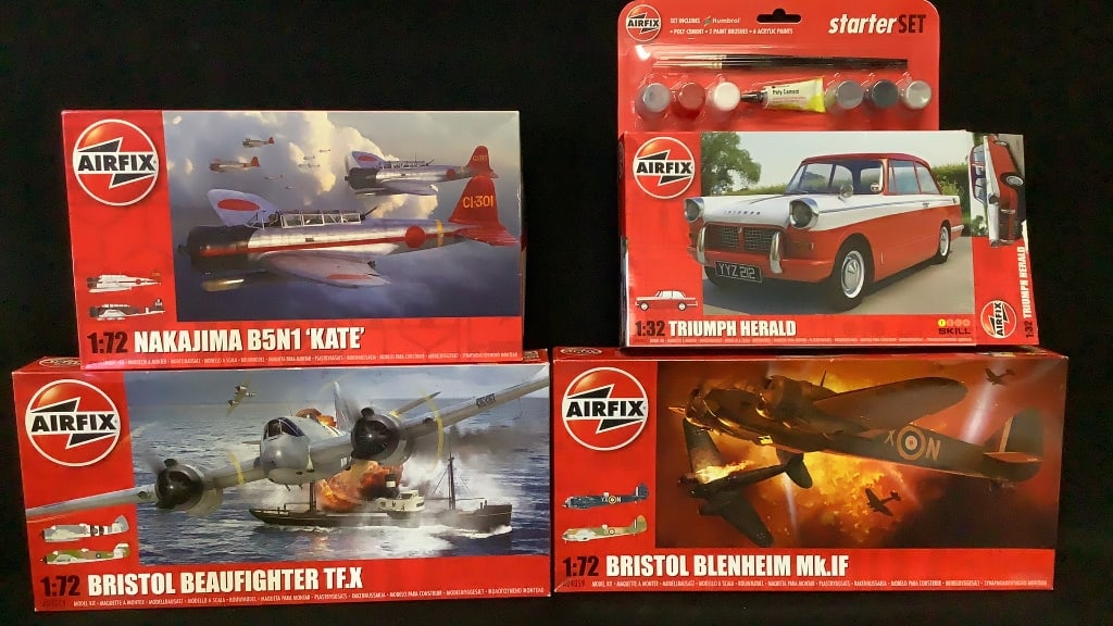 Airfix 1:72 Bristol Beaufighter TF.X #A04019 Bristol Blenheim Mk.IF #A04059 Nakajima B3N1 Kate: Bristol Blenheim Mk.IF #A04059 Nakajima B3N1 Kate #A04060 & !:32 Triumph Herald models Bags are sealed. Please see images for details regarding condition. Contents not inspected.