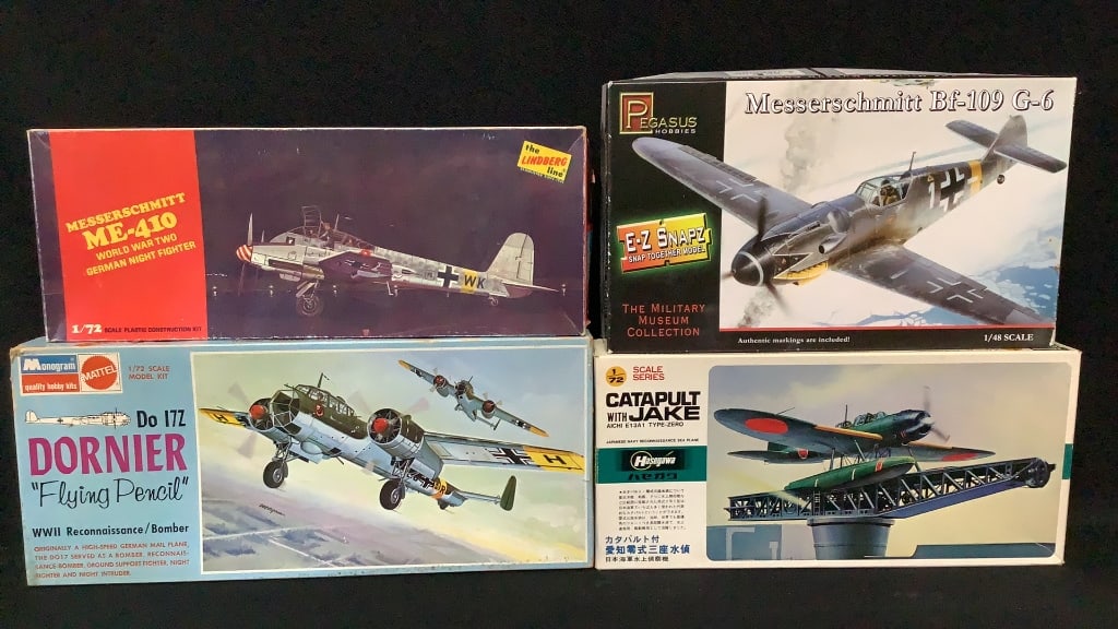 Lindberg 1:72 Messerschmitt ME-410 #473:100 Monogram 1:72 Dornier Do 172 #6842 Pegasus 1:48: Monogram 1:72 Dornier Do 172 #6842 Pegasus 1:48 Messerschmitt Bf-109 G-6 #8413 & Hasegawa Catapult with Jake models Please see images for details regarding condition. Contents not inspected.
