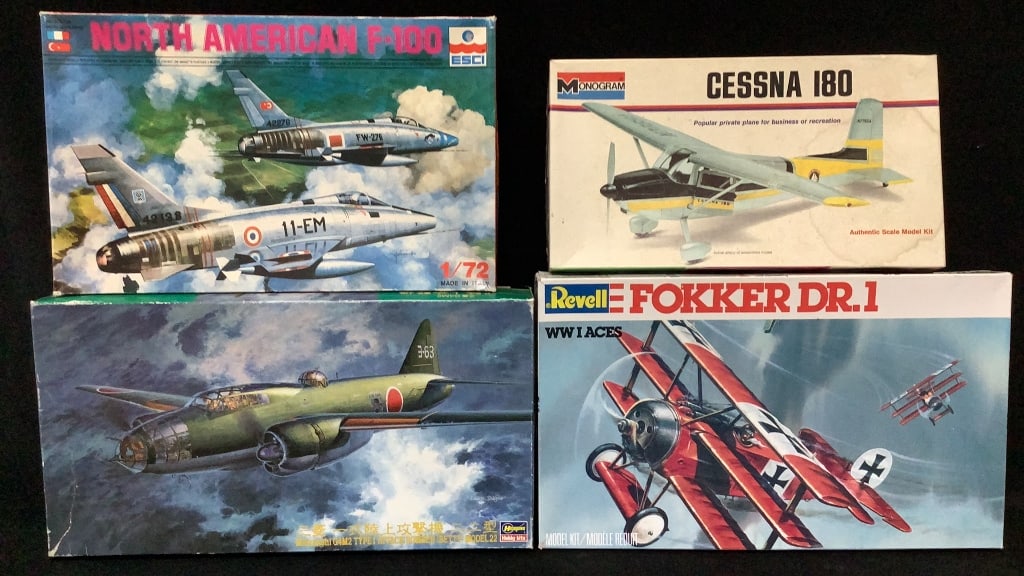 ESCI North American F-100 #9042 Hasegawa Mitsubishi G4M2 Betty Bomber #51207 Monogram Cessna 180: Mitsubishi G4M2 Betty Bomber #51207 Monogram Cessna 180 #6825 & Revell Fokker DR.1 #4417 Bags are sealed. One of the wings on the second plane is assembled. Please see images for details regarding con