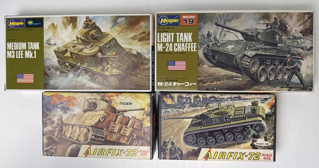 Hasegawa M3 Lee Mk.1 #704 M-24 Chaffee Tank #MB-019 Airfix-72 #MB-49: #MB-019 Airfix-72 #MB-49 #M1-49 Uninspected. Some assemblage present. See photos for contents and condition.