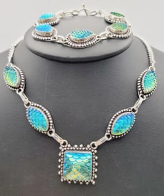 Sterling Iridescent Scale Set Necklace & Bracelet Necklace Measures 19"
