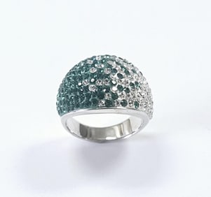 Sterling Silver Green & Clear Crystal Domed Ring Ring weighs 7.5 Grams Size 7