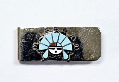 Silver Zuni Indian Inlayed Turquoise Money Clip Signed  Money Clip weighs 3.8 Grams