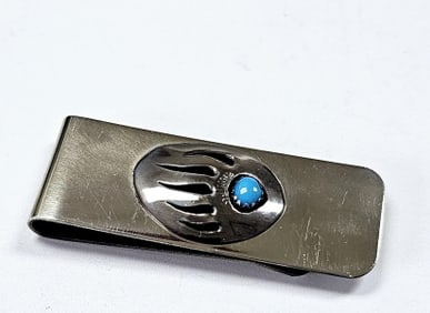 Silver Tone Faux Turquoise Money Clip Clip  weighs 13.7 Grams