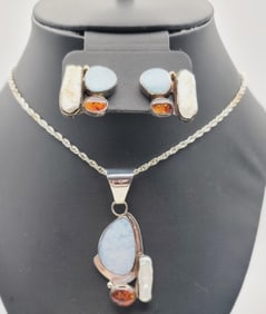 Jay King Sterling Opal  Pearl & Amber Set Necklace Measures 20"