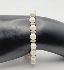 Vintage Sterling Silver and Pearl Tennis Bracelet Bracelet Measures 7.5"