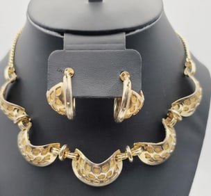 Vintage Gold Tone Honeycomb Earrings & Necklace Necklace Measures 14"