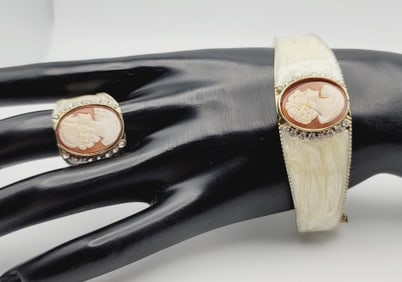 Amedeo Gold Tone Enamel Cameo Bracelet & Ring Bracelet Measures 6"  Ring Size 8.5