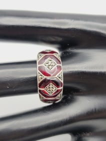 Sterling Silver Red Enamel Inlay Ring Ring Weighs 5.4 Grams  Size 9