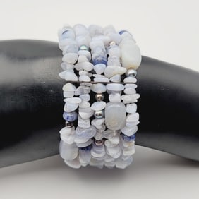 Blue Lace Agate Chip Silver Tone Cuff Bracelet Bracelet Measures 5"
