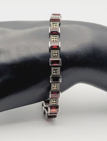 NF Sterling Silver Garnet and Marcasite Bracelet Bracelet Measures 7.5"  Bracelet Weighs 19.8 Grams