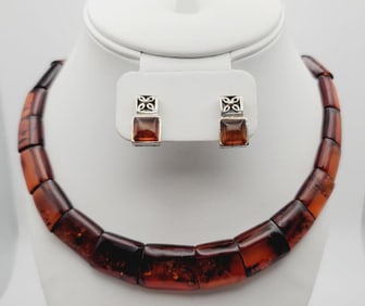 Vintage Sterling Amber Necklace & Earrings Necklace Measures 14"  Earrings Weigh 6 Grams