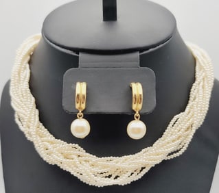 Pearl Gold Tone Necklace & Earrings Necklace Measures 16"