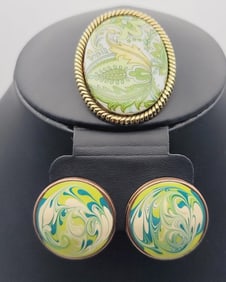 Vintage Mixed Metal Green Enamel Set Earrings Weigh 8.6 Grams