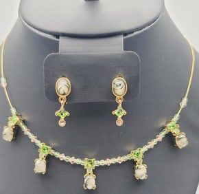 Vintage Green and Pink Crystal Necklace & Earrings Necklace Measures 16"