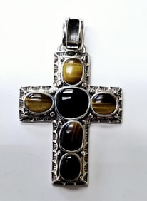 Sterling Silver Tiger's Eye & Onyx Cross Pendant Pendant weighs 18.2 Grams