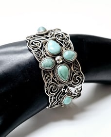 Sterling Silver BJ Filigree Turquoise Bracelet Bracelet weighs 52.8 Grams