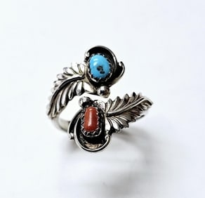 Sterling Native American Turquoise & Coral Ring Ring weighs 4.8 Grams Size 8.5