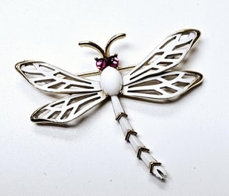 Vintage Trifari White Enamel Dragonfly Brooch Trifari gold tone white enamel dragonfly pin with tiny