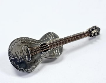 Vintage Sterling Silver Mexican Guitar Brooch Brooch weighs 7.5 Grams