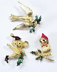 Trio of Vintage Mylu Signed Christmas Brooches Birdie with bonnet missing a few rhinestones. Please