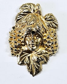 Art Nouveau Style Gold Tone Lady & Grapes Pendant Brooch weighs 11.7 Grams